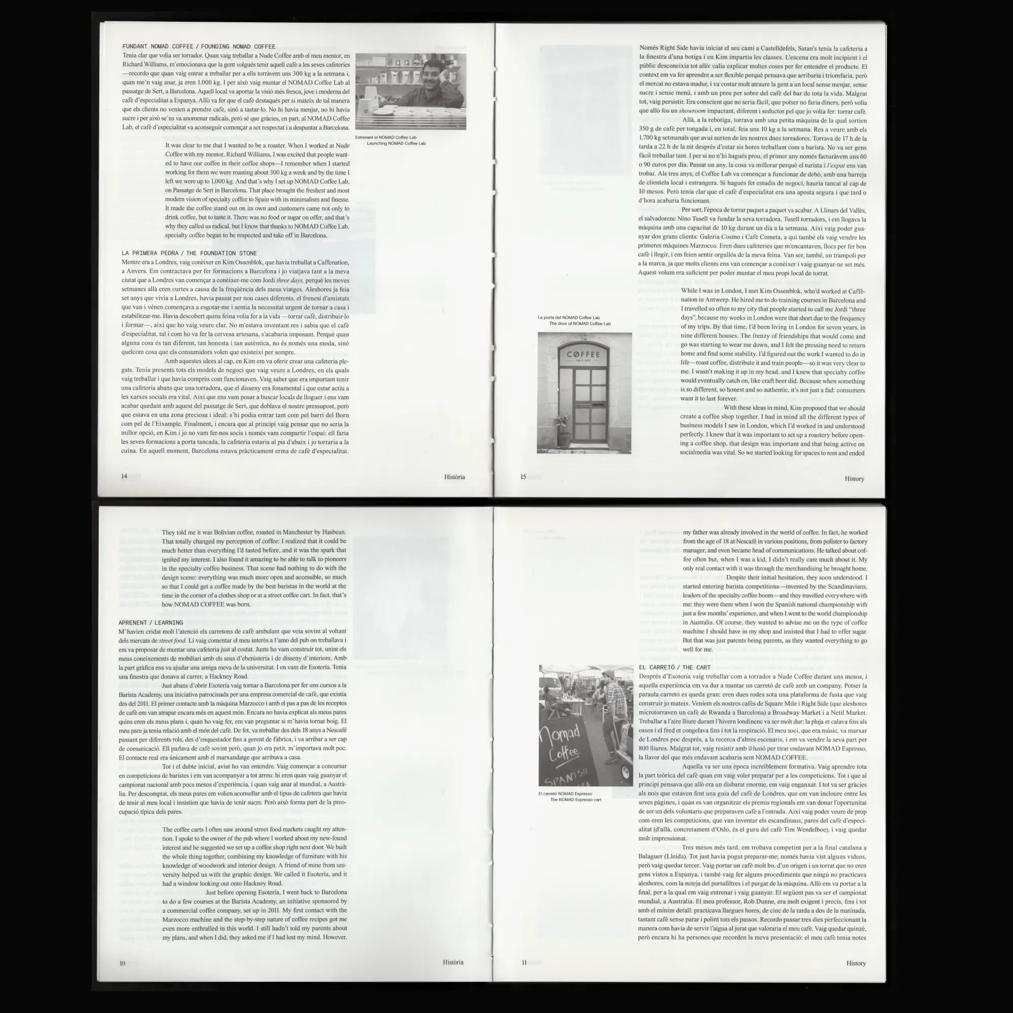 Pliego abierto de una publicación impresa en formato vertical, mostrando cuatro páginas consecutivas con texto en columnas e imágenes en blanco y negro. En la página superior izquierda aparece una fotografía de una cafetería con dos personas detrás de una barra; en la superior derecha, una imagen pequeña de una puerta con el rótulo “NOMAD”. Las páginas inferiores también contienen columnas de texto y dos fotos: una de una fachada y otra de un cartel que dice “Specialty Coffee”. El diseño editorial es limpio