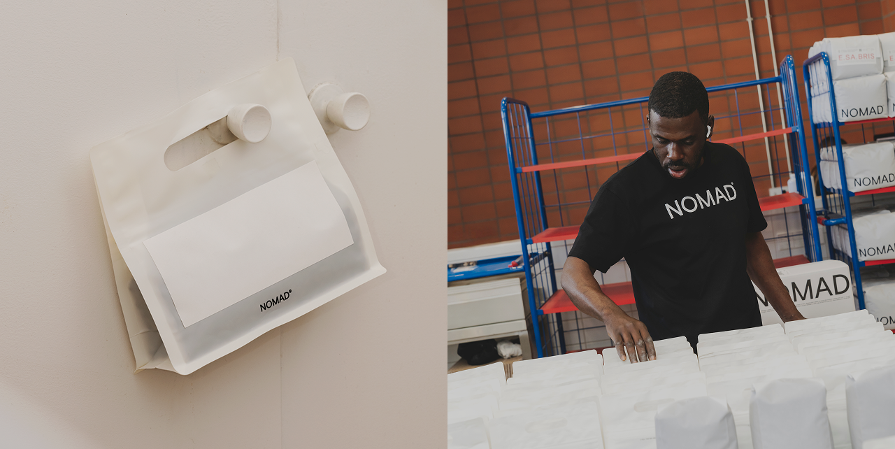 Image split in two: on the left, a reusable white Nomad Coffee bag hanging from a white hanger; on the right, Baba, a worker in a Nomad T-shirt organizing packs of coffee in the packing room.